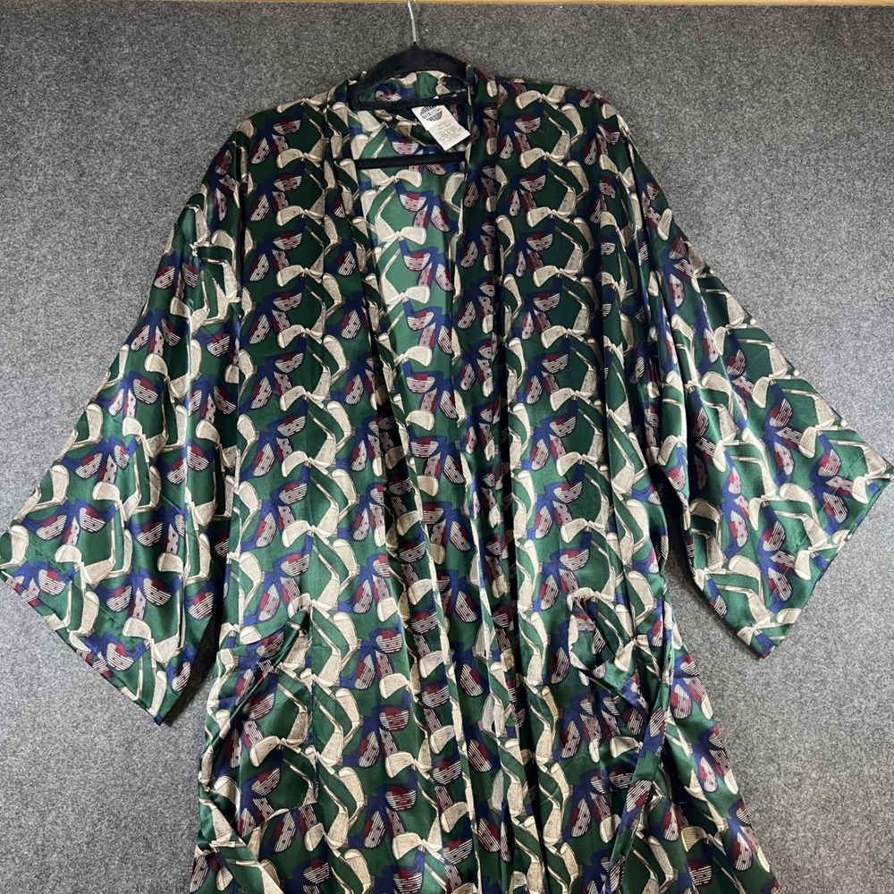 Reckless 100% Silk Robe Green Golf Club Novelty Print One Size Kimono Loungewear